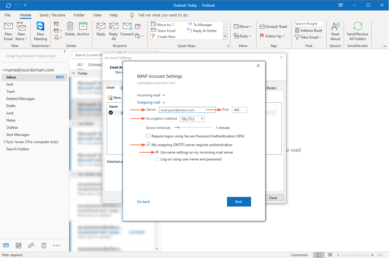 imap acct email setup for outlook